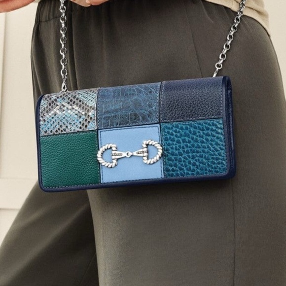 Brighton The Grid Rockmore Horse Bit Crossbody Bag Leather Patchwork Navy Blue